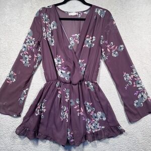 Altar'd State Floral Romper‎ Women's S Bell Sleeve Surplice Neck Plum Purple USA